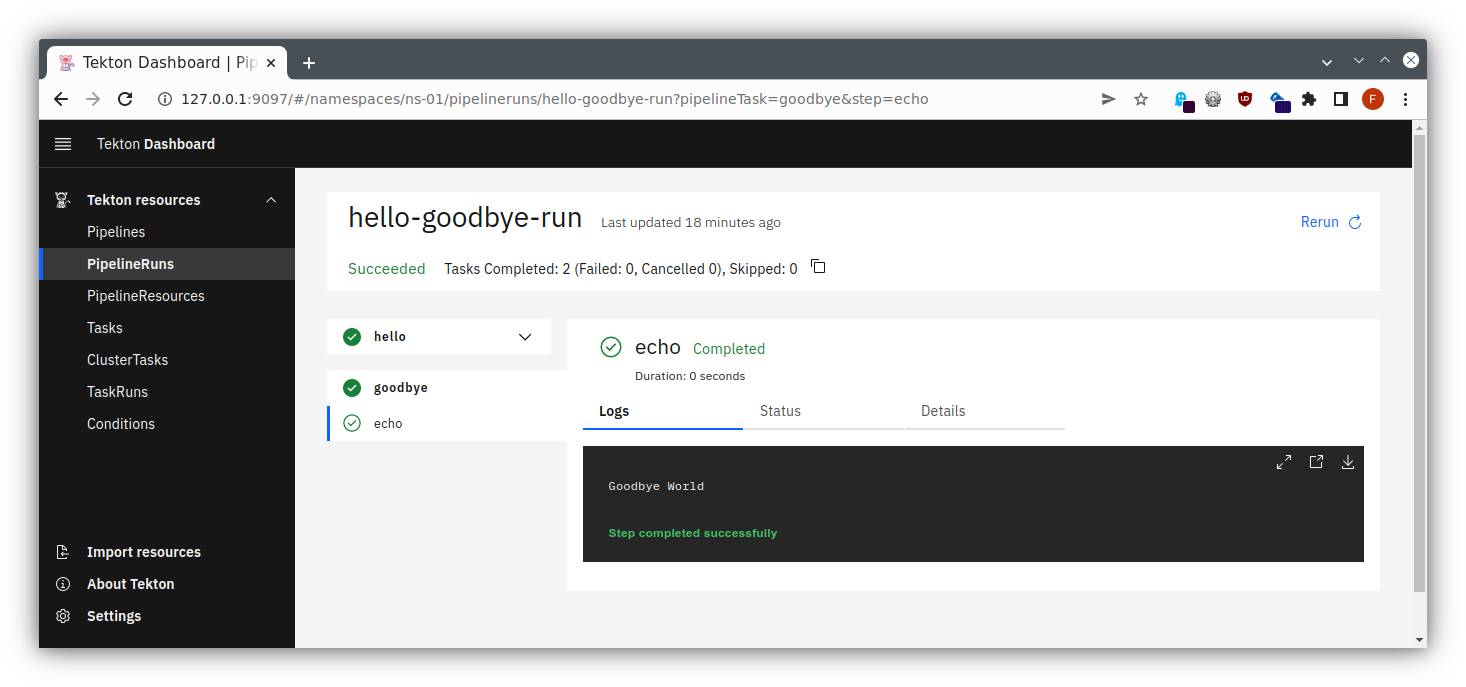 Tekton UI PipelineRun Logs